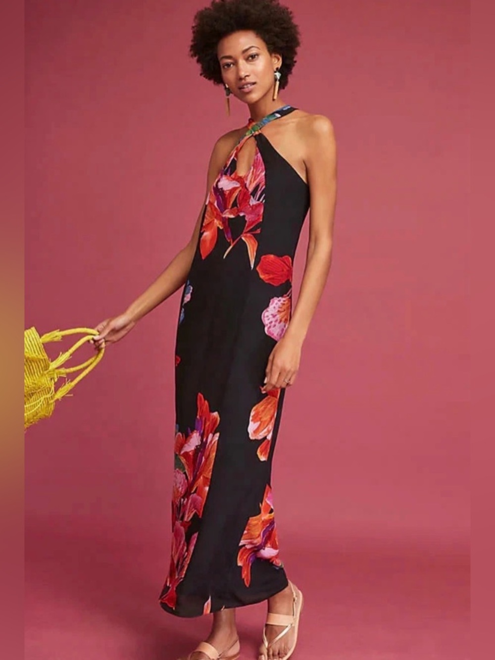 Maeve Anthropologie 100% Silk Maxi Dress M Floral Halter Open Back Boho Black
